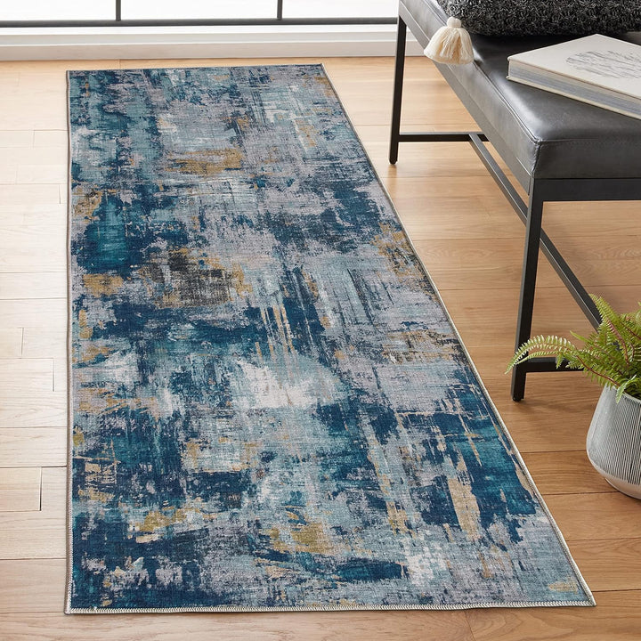 Machine Washable Area Rug - Living Room Bedroom Bathroom Kitchen Entryway Office - Non Slip Crease Free Stain Resistant Premium - Modern Geometric Contemporary