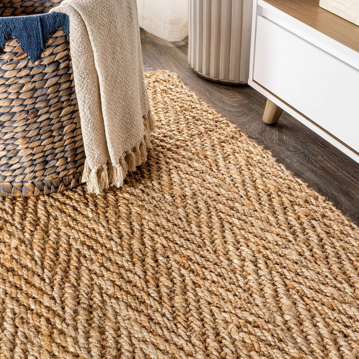 NFR101A-28 Espina Hand Woven Herringbone Chunky Jute Indoor Area -Rug Bohemian Farmhouse Easy -Cleaning Bedroom Kitchen Living Room Non Shedding, 2 X 8, Natural Color