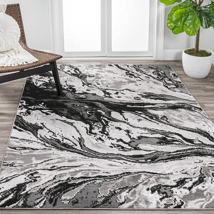 SOR203E-5 Swirl Marbled Abstract Indoor Area-Rug, Casual, Contemporary, Transitional Easy-Cleaning,Bedroom,Kitchen,Living Room,Non Shedding, Black/Ivory, 5 X 8