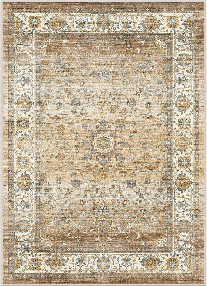 Washable Rug 8x10 Area Rugs for Living Room - Stain Resistant Non-Slip Backing Rugs for Bedroom,Ultra-Thin Vintage Large Area Rug (Apricot/Blue, 8'x10')