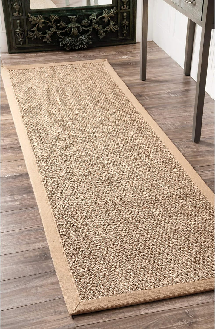 Elijah Seagrass Area Rug, Solid Farmhouse Style, Cotton Bordered, Basketweave, Natural Fiber, For Bedroom, Dining Room, Living Room, Hallway, Office, Kitchen, Entryway