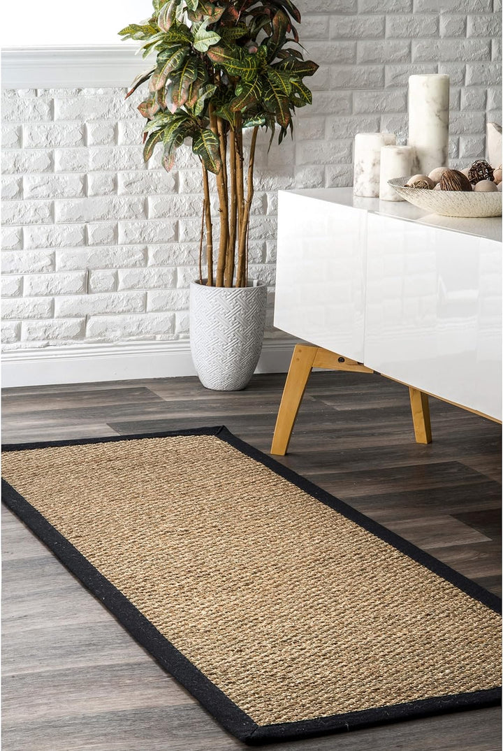 Elijah Seagrass Area Rug, Solid Farmhouse Style, Cotton Bordered, Basketweave, Natural Fiber, For Bedroom, Dining Room, Living Room, Hallway, Office, Kitchen, Entryway