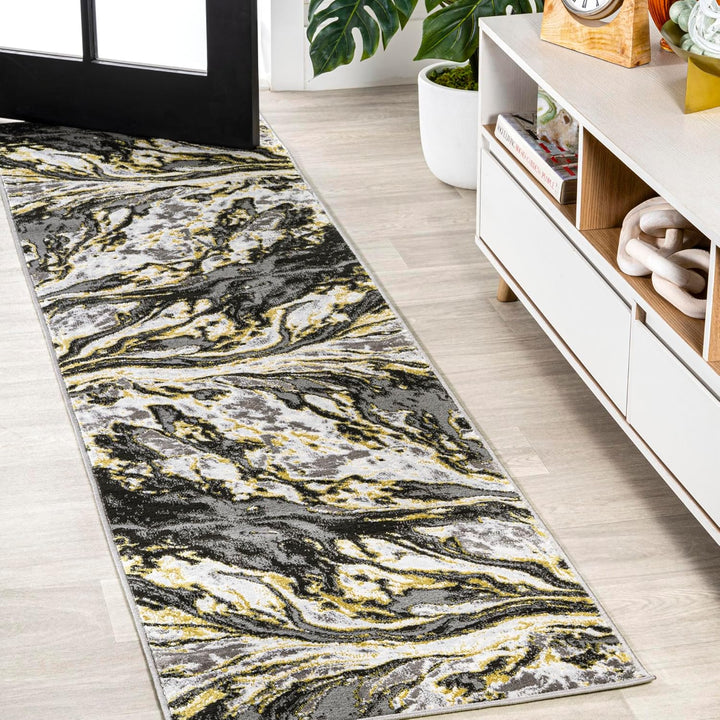 SOR203E-5 Swirl Marbled Abstract Indoor Area-Rug, Casual, Contemporary, Transitional Easy-Cleaning,Bedroom,Kitchen,Living Room,Non Shedding, Black/Ivory, 5 X 8