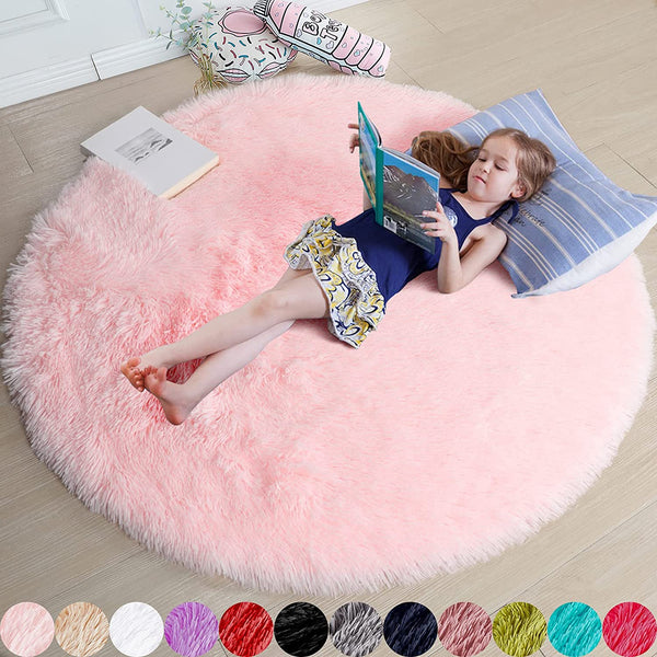 Pink Round Rug for Girls Bedroom,Fluffy Circle Rug 4'X4' for Kids Room,Furry Carpet for Teen ,Shaggy Circular Rug for Nursery Room,Fuzzy Plush Rug for Dorm,Cute Room Decor for Baby