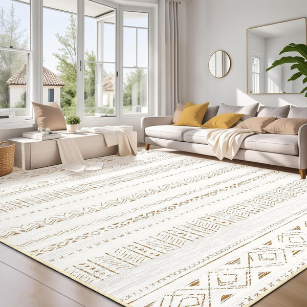 Large Living Room Area Rug, Soft Machine Washable Boho Moroccan Farmhouse Rugs for Bedroom Under Dining Table, Non Slip Neutral Morden Indoor Floor Carpet for Home Office Decor