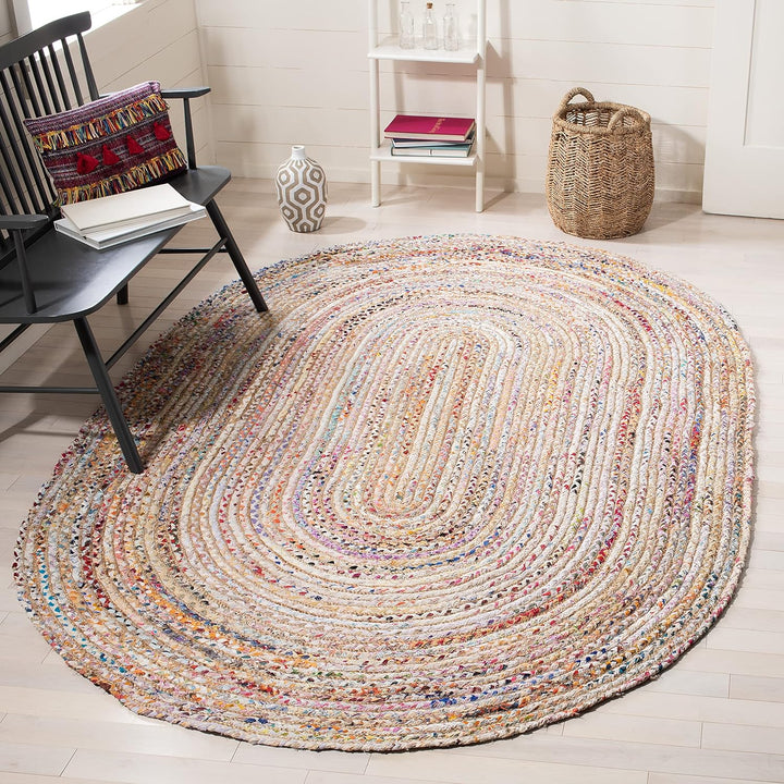 Cape Cod Collection Area Rug - 6' x 9', Red & Multi, Handmade Boho Braided Jute & Cotton, Ideal for High Traffic Areas in Living Room, Bedroom (CAP202A)