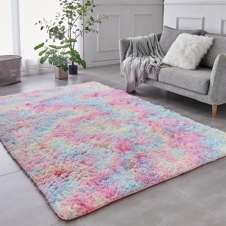 Shag Area Rug, 5x7 Ft Tie-Dyed Light Grey Upgrade Anti-Skid Durable Rectangular Cozy High Pile Soft Throw Rug for Nursery/ Living Room