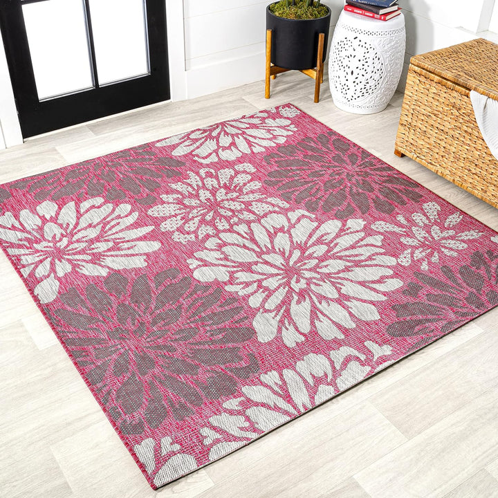 Zinnia Modern Floral Textured Weave Indoor Outdoor Area-Rug, Bohemian Coastal Easy-Cleaning, Bedroom, Kitchen, Backyard, Patio, Non Shedding