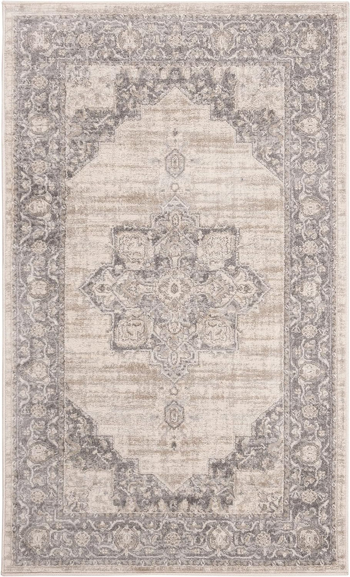 Brentwood Collection Area Rug Rectangle - 8' x 10', Cream & Grey, Medallion Distressed Design, Non-Shedding & Easy Care, Ideal for High Traffic Areas in Living Room, Bedroom (BNT865B)