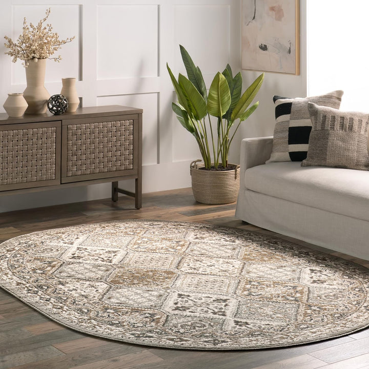 5x8 Becca Traditional Tiled Area Rug, Beige, Faded Transitional Design, Stain Resistant, For Bedroom, Dining Room, Living Room, Hallway, Office, Kitchen, Entryway