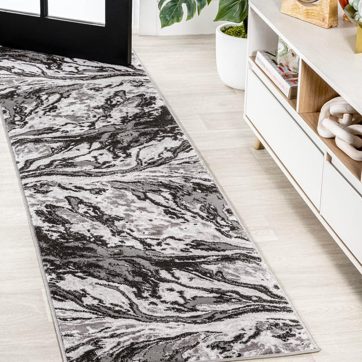 SOR203E-5 Swirl Marbled Abstract Indoor Area-Rug, Casual, Contemporary, Transitional Easy-Cleaning,Bedroom,Kitchen,Living Room,Non Shedding, Black/Ivory, 5 X 8