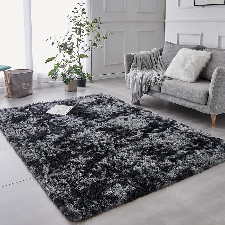 Shag Area Rug, 5x7 Ft Tie-Dyed Light Grey Upgrade Anti-Skid Durable Rectangular Cozy High Pile Soft Throw Rug for Nursery/ Living Room