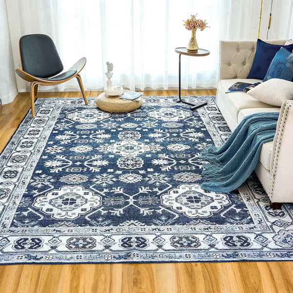 Machine Washable Rug 5'x7' Vintage Design Washable Area Rugs with Non Slip Rugs for Living Room Bedroom Traditional Woven Rug Carpet Stain Resistant Home Decor Office Boho Rug (Navy)