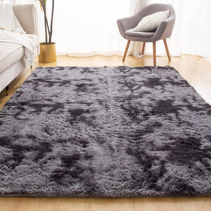 Soft Shag Area Rug for Bedroom, 5x8 Feet Fluffy Shaggy Carpet for Living Room Nursery Playroom Baby Kids Girls Room Classroom, Fuzzy Plush Rug Room Decor, Tie-Dyed Dark Grey