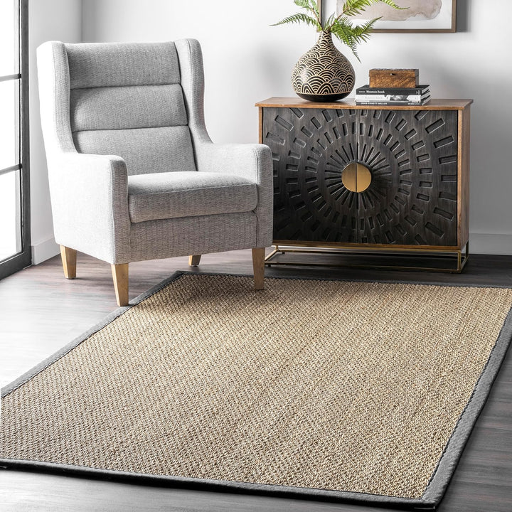 Elijah Seagrass Area Rug, Solid Farmhouse Style, Cotton Bordered, Basketweave, Natural Fiber, For Bedroom, Dining Room, Living Room, Hallway, Office, Kitchen, Entryway