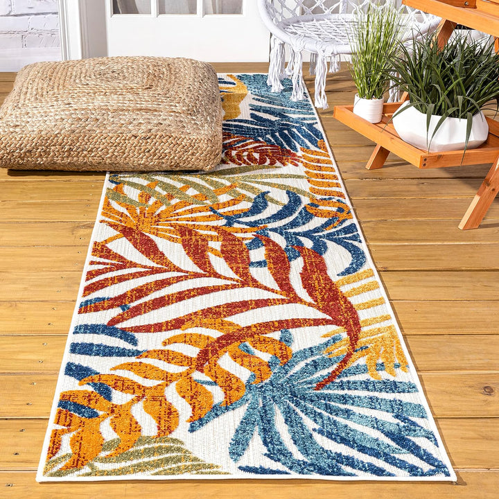 Tropics Palm Leaves Indoor Outdoor Area-Rug, Bohemian Floral Easy Cleaning, High Traffic, Bedroom, Kitchen, Backyard, Patio, Porch, Non Shedding