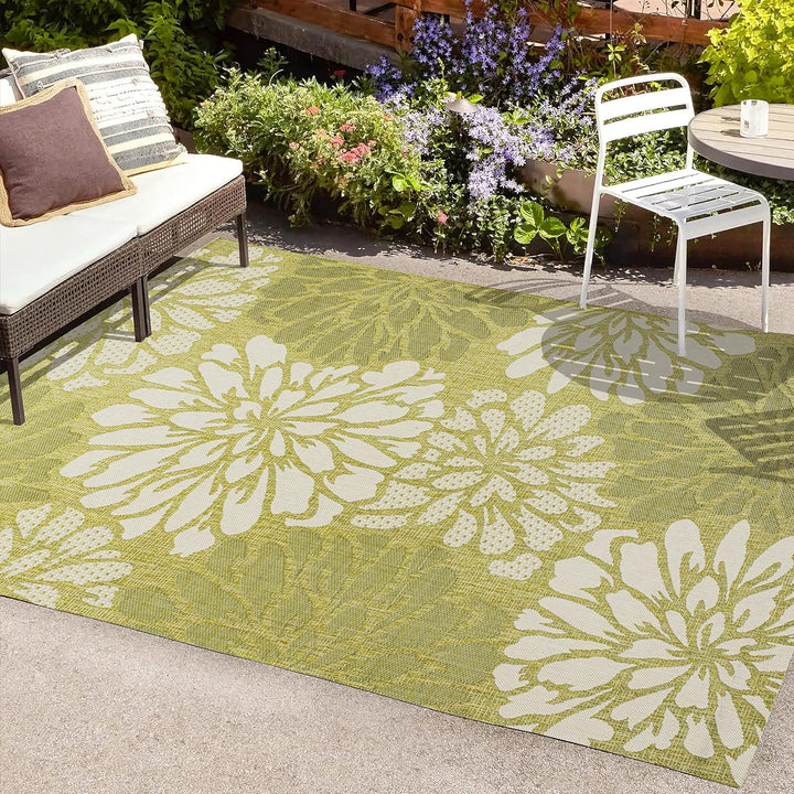 Zinnia Modern Floral Textured Weave Indoor Outdoor Area-Rug, Bohemian Coastal Easy-Cleaning, Bedroom, Kitchen, Backyard, Patio, Non Shedding