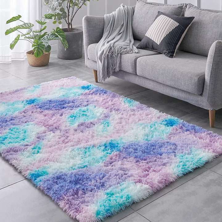 Shag Area Rug, 5x7 Ft Tie-Dyed Light Grey Upgrade Anti-Skid Durable Rectangular Cozy High Pile Soft Throw Rug for Nursery/ Living Room