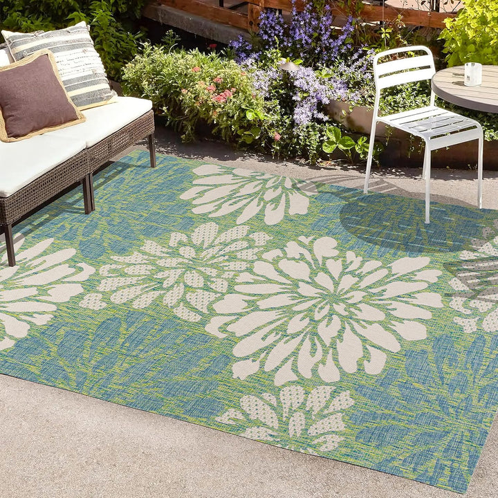 Zinnia Modern Floral Textured Weave Indoor Outdoor Area-Rug, Bohemian Coastal Easy-Cleaning, Bedroom, Kitchen, Backyard, Patio, Non Shedding