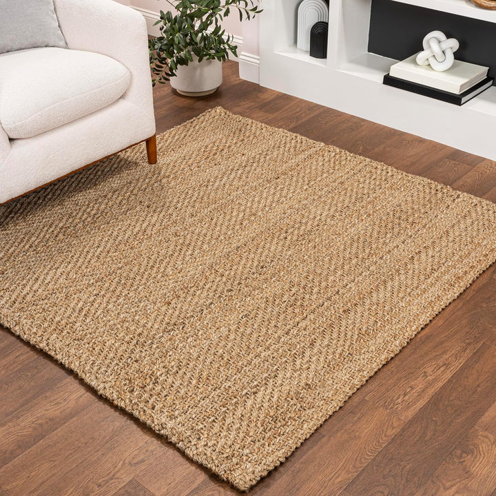 NFR101A-28 Espina Hand Woven Herringbone Chunky Jute Indoor Area -Rug Bohemian Farmhouse Easy -Cleaning Bedroom Kitchen Living Room Non Shedding, 2 X 8, Natural Color