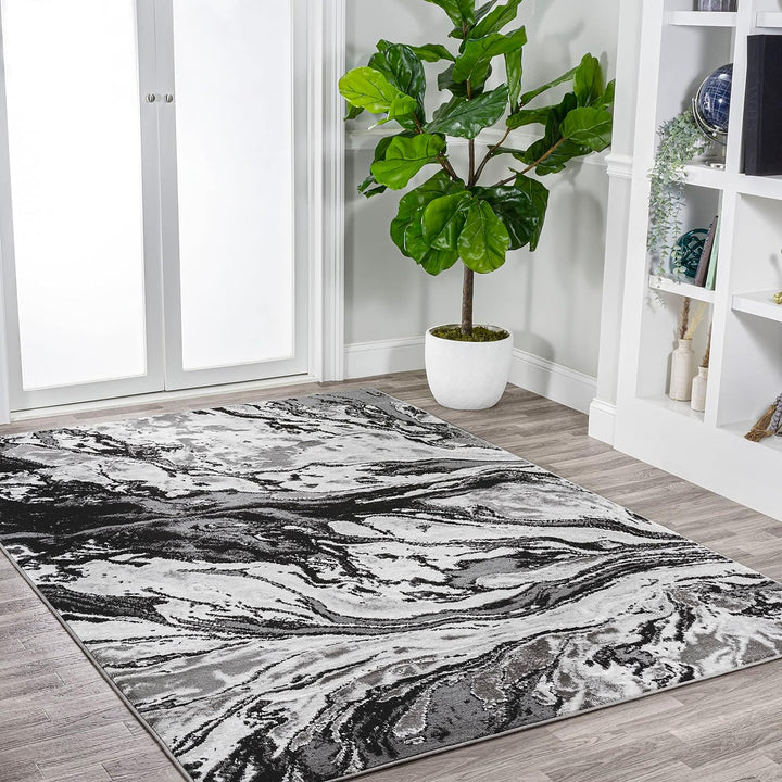 SOR203E-5 Swirl Marbled Abstract Indoor Area-Rug, Casual, Contemporary, Transitional Easy-Cleaning,Bedroom,Kitchen,Living Room,Non Shedding, Black/Ivory, 5 X 8