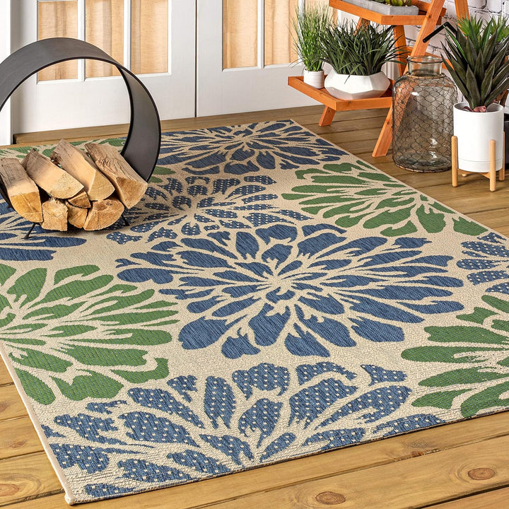 Zinnia Modern Floral Textured Weave Indoor Outdoor Area-Rug, Bohemian Coastal Easy-Cleaning, Bedroom, Kitchen, Backyard, Patio, Non Shedding