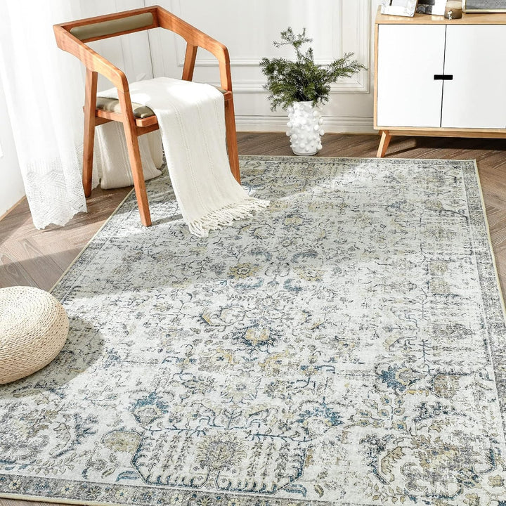 Area Rug 8x10 Washable Rug Vintage Rug Indoor Thin Rug Retro Accent Rug Distressed Carpet Blue Multi Floral Print Country Boho Rug Non Slip Kitchen Bedroom Living Room Dining Room Office