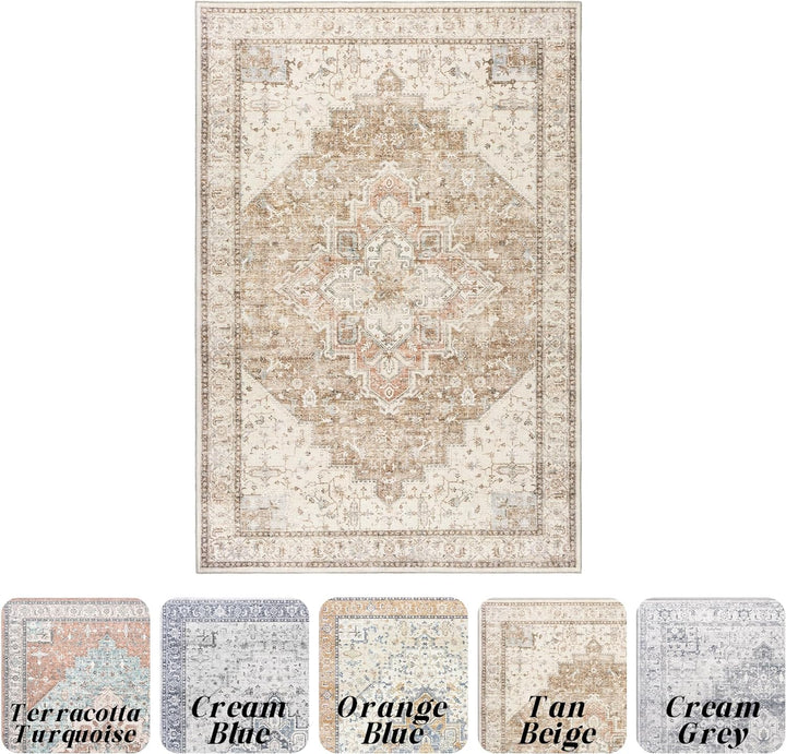 Boho Neutral Living Room Rug 5x7 Washable Vintage Rustic Earth Tone Modern Farmhouse Style Easy to Clean Stain Resistant Area Rugs for Dining Room,Light Tan Brown and Beige