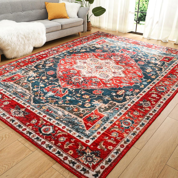 Soft Area Rug 5x7, Washable Living Bedroom Rug Low-Pile Vintage Rugs, Non-Slip Non-Shed Floral Print Accent Floor Carpet for Dining Room Home Office, Updated Red