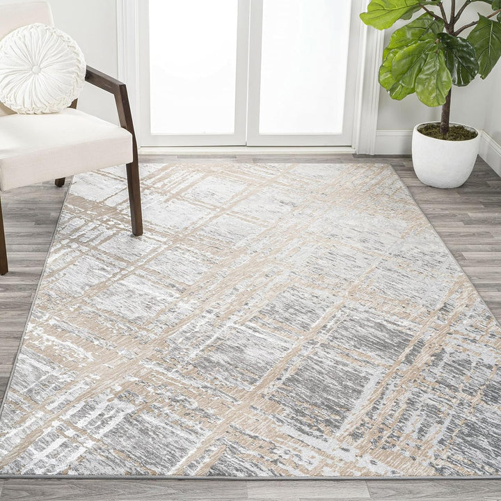 SOR201C-5 Slant Modern Abstract Indoor Area Rug, Transitional, Contemporary, Solid & Striped, Bedroom, Kitchen, Living Room, Easy-Cleaning, Non-Shedding, 5 X 8, Beige/Gray