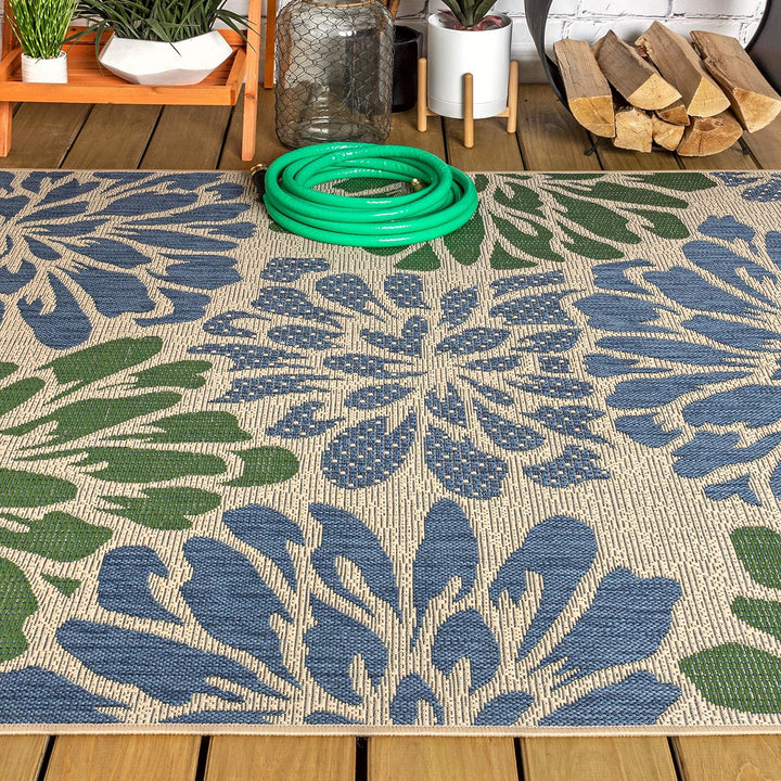 Zinnia Modern Floral Textured Weave Indoor Outdoor Area-Rug, Bohemian Coastal Easy-Cleaning, Bedroom, Kitchen, Backyard, Patio, Non Shedding