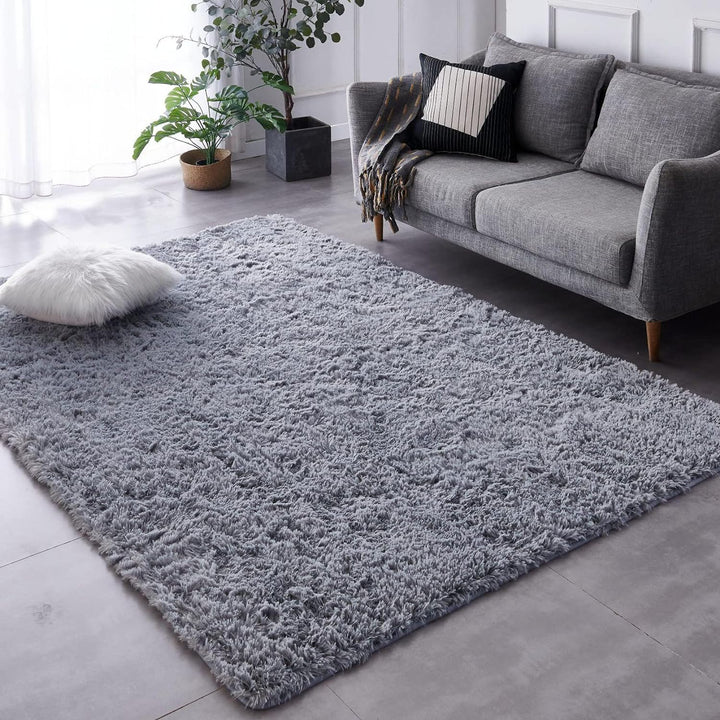 Shag Area Rug, 5x7 Ft Tie-Dyed Light Grey Upgrade Anti-Skid Durable Rectangular Cozy High Pile Soft Throw Rug for Nursery/ Living Room