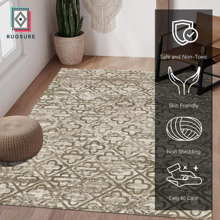 Washable Area Rugs, 5' x 7' - 1/6 Thick - Stain & Water Resistant Non-Slip - Perfect Resistant Rug for Living Room, Bedroom, Nursery, Pet & Child Friendly, Vibrant Colors Rugs, Brown