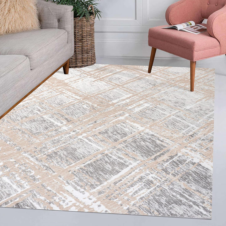 SOR201C-5 Slant Modern Abstract Indoor Area Rug, Transitional, Contemporary, Solid & Striped, Bedroom, Kitchen, Living Room, Easy-Cleaning, Non-Shedding, 5 X 8, Beige/Gray