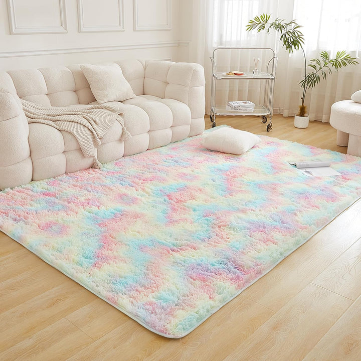 4x6 Shag Area Rug for Living Room Bedroom, Tie-Dyed Beige Fluffy Shaggy Fuzzy Nursery Kids Girls Boys Room Rug, Cream Soft Plush Furry Bedside Carpet, Non-Slip, Non-Shedding Indoor Floor Rug