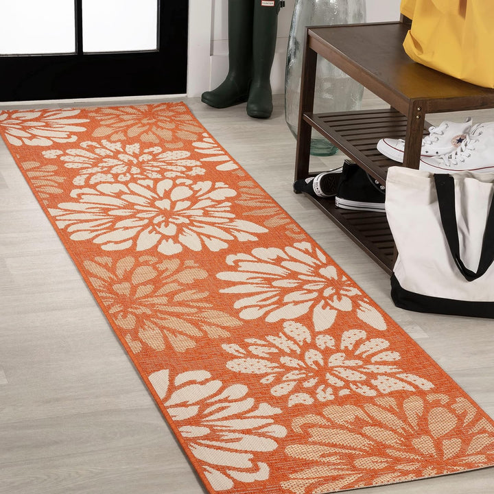 Zinnia Modern Floral Textured Weave Indoor Outdoor Area-Rug, Bohemian Coastal Easy-Cleaning, Bedroom, Kitchen, Backyard, Patio, Non Shedding