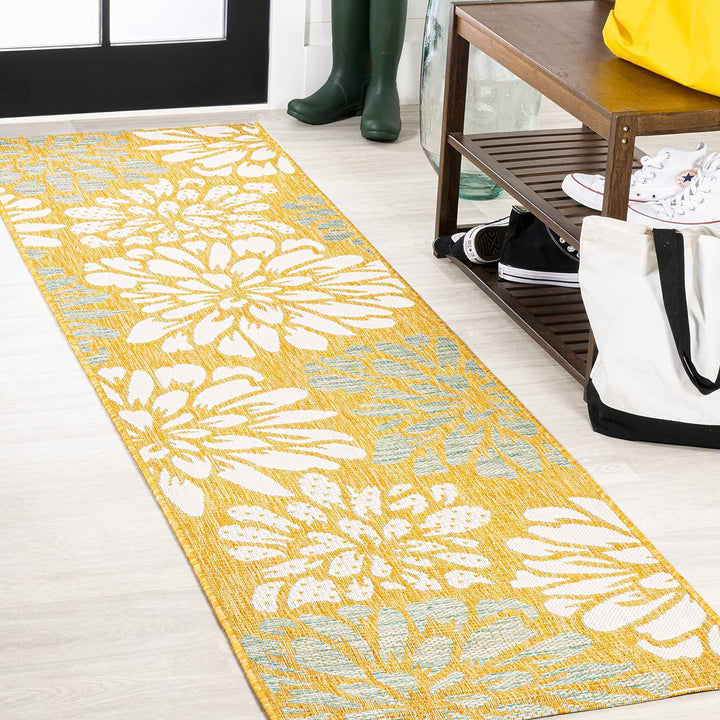 Zinnia Modern Floral Textured Weave Indoor Outdoor Area-Rug, Bohemian Coastal Easy-Cleaning, Bedroom, Kitchen, Backyard, Patio, Non Shedding